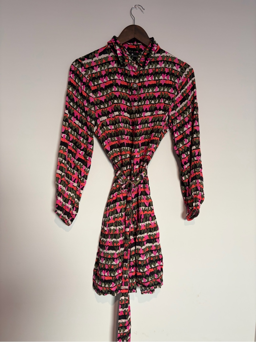 Emily Lovelock Heart Print Shirt Dress S Belted Mod 70s Dopamine